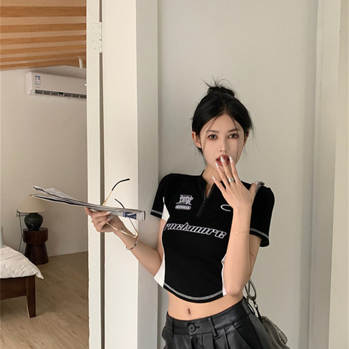 American Style Spicy Girl Functional Style Striped Contrast Print Embroidered Retro Crew Neck Slimming Braless Zipper Top for Women