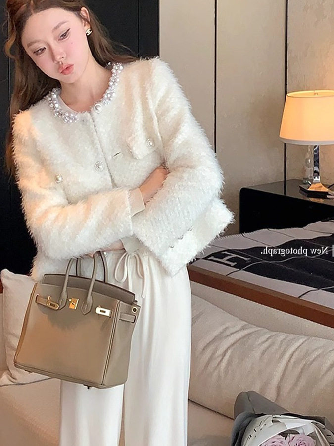 Áo khoác nữ dáng cardigan dày cổ tròn viền ngọc trai phong cách thanh lịch — Kiểu dáng thông thường màu trắng ngọc trai, Kiểu chần bông màu trắng ngọc trai