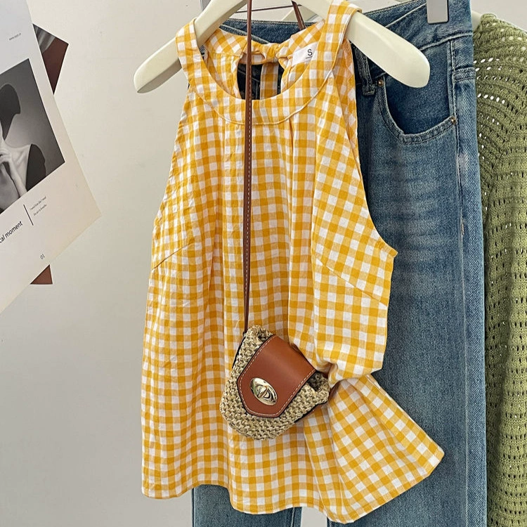 Французский внешний вид сладкий дикий топ 2024 новый стиль стиль без рукавов клетчатая рубашка подтяжка жилет женский