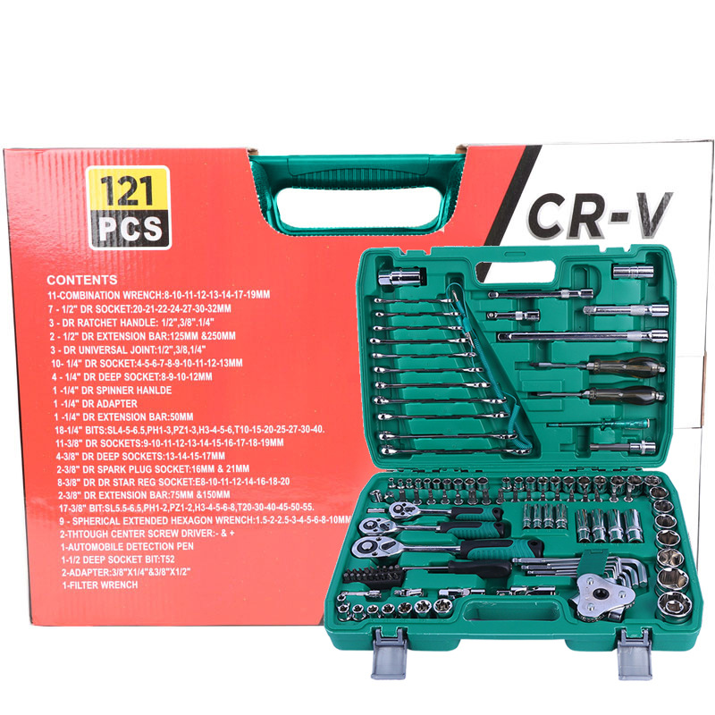 Juego de herramientas de reparación de automóviles de 121 piezas, llave de trinquete, herramientas de reparación de automóviles, kit de reparación a bordo, juego completo.