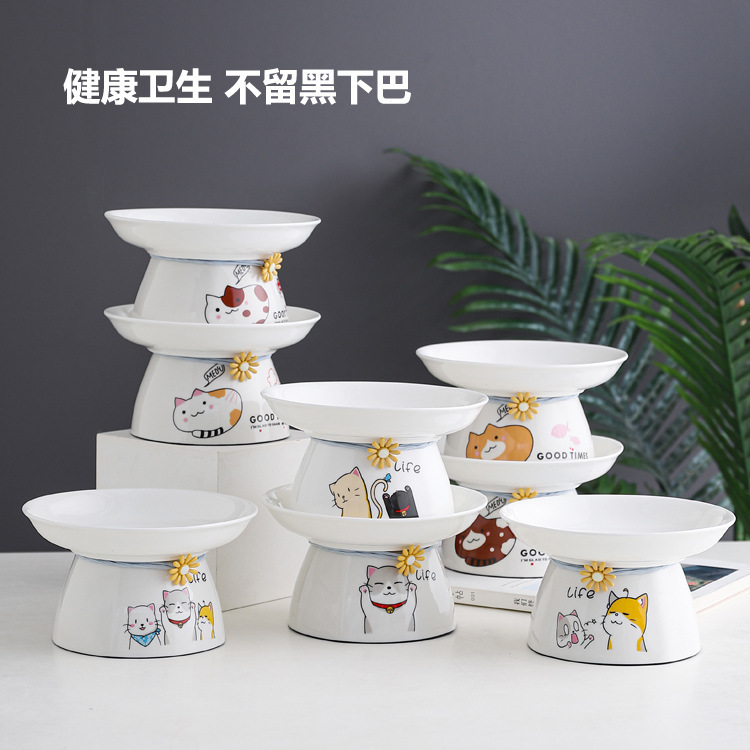 Wide mouth cat bowl Cat Basin ceramic bowl cervical protection cat food bowl pet drinking bowl dog bowl high leg rice bowl cat bowl