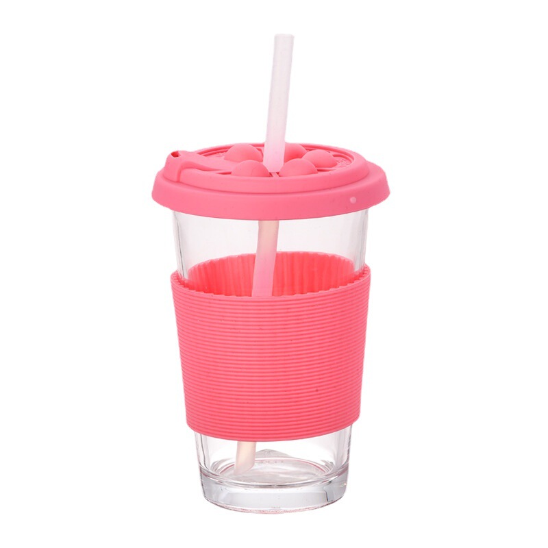 Silicone Glass Coffee Cup with Lid, Portable Office Cup, High-Value Straw Milk Tea Glass Cup