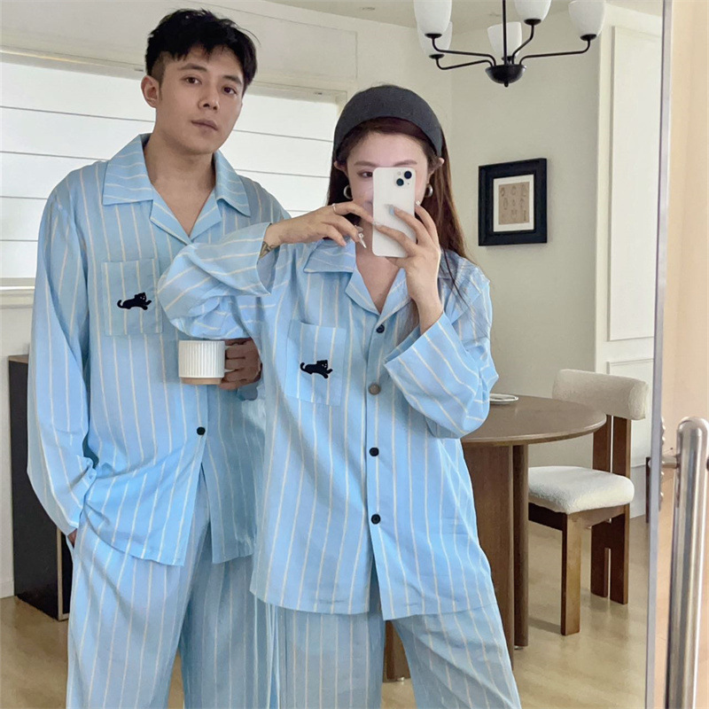 Teen Couple Long-Sleeved Pajamas Spring, Autumn and Winter White Stripesd Home Clothes Set 2025 Can Be Worn Outside Fashion