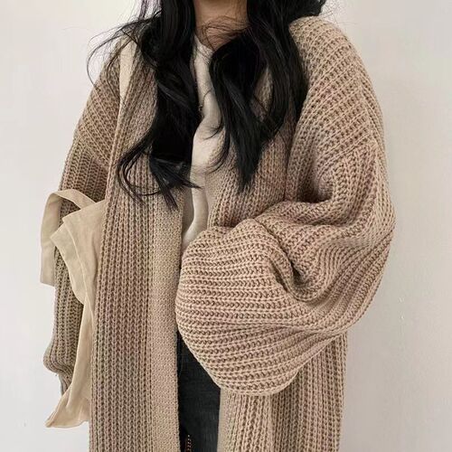 Autumn/Winter Retro Loose Outerwear Long-Sleeve Knit Cardigan for Women, Slouchy Lantern-Sleeve Style Women's Coat