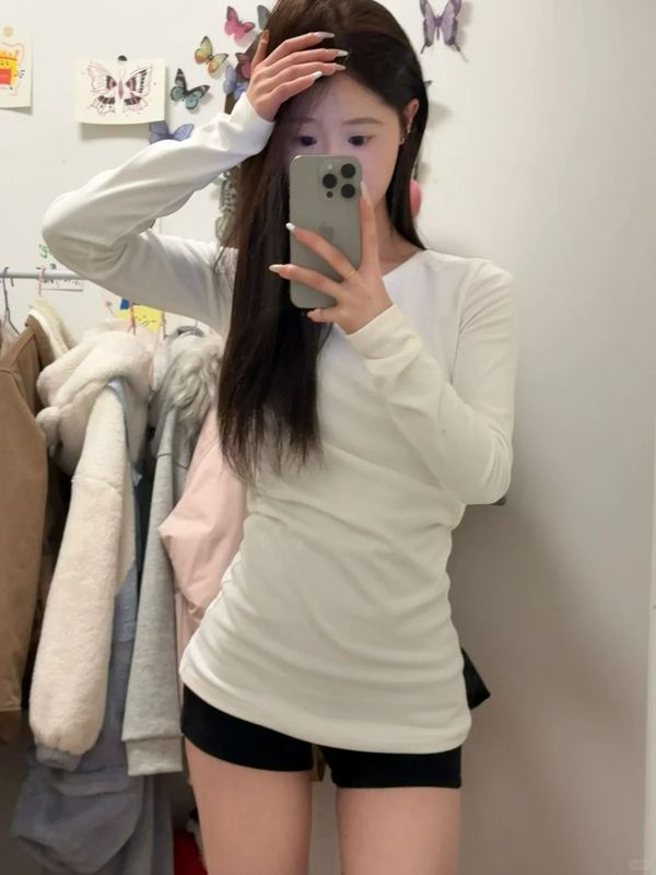 韩系中长款白色正肩长袖T恤女春秋冬新款内搭打底衫修身上衣批发|undefined