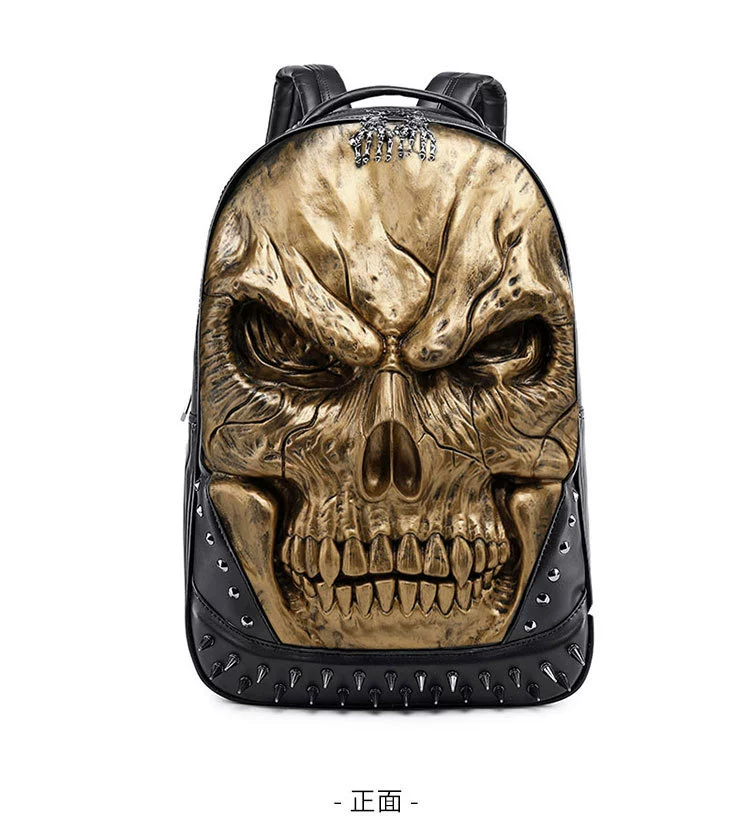 Backpack 3D embossed polyurethane, unisex shoulder bag, skull design with studs