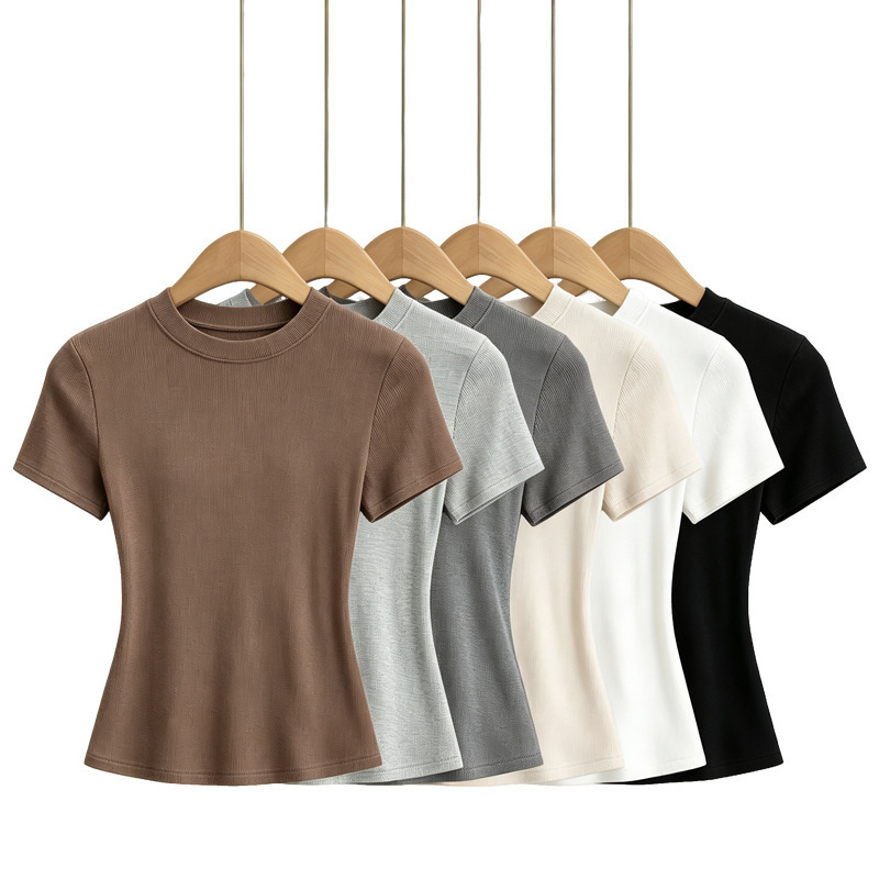 Skims American-Style Comfortable Stretchy T-Shirt for Women, New Summer Collection, Versatile Round Neck Basic Plain Regular Fit