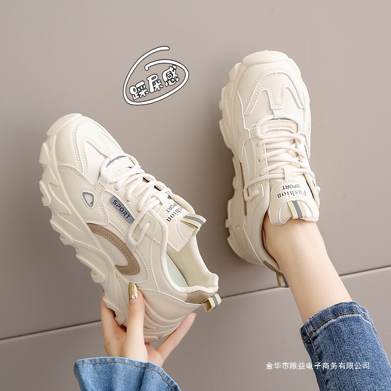 Women's Dad Shoes with Leather Surface, New Lightweight Spring/Summer Shoes, Comfortable Running Shoes with Soft Sole Feel, Waterproof Sneakers for Students