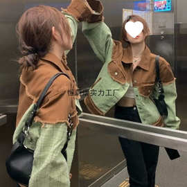 美式薄款复古重工拼接牛仔外套女春季设计感小众宽松炸街夹克上衣