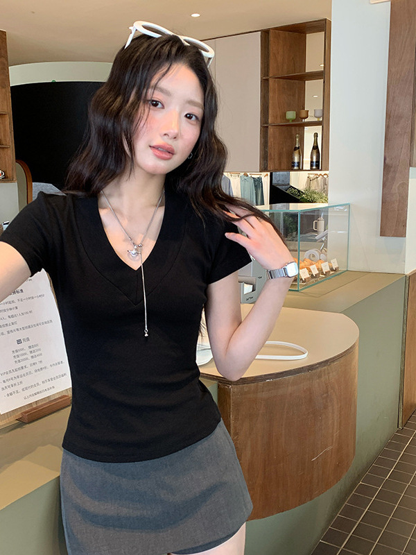 BI フィギュアシェイプ万能ワイドブリム V ネック半袖 T シャツレディーススリムボトムシャツトップインナー 2025 新作夏|undefined