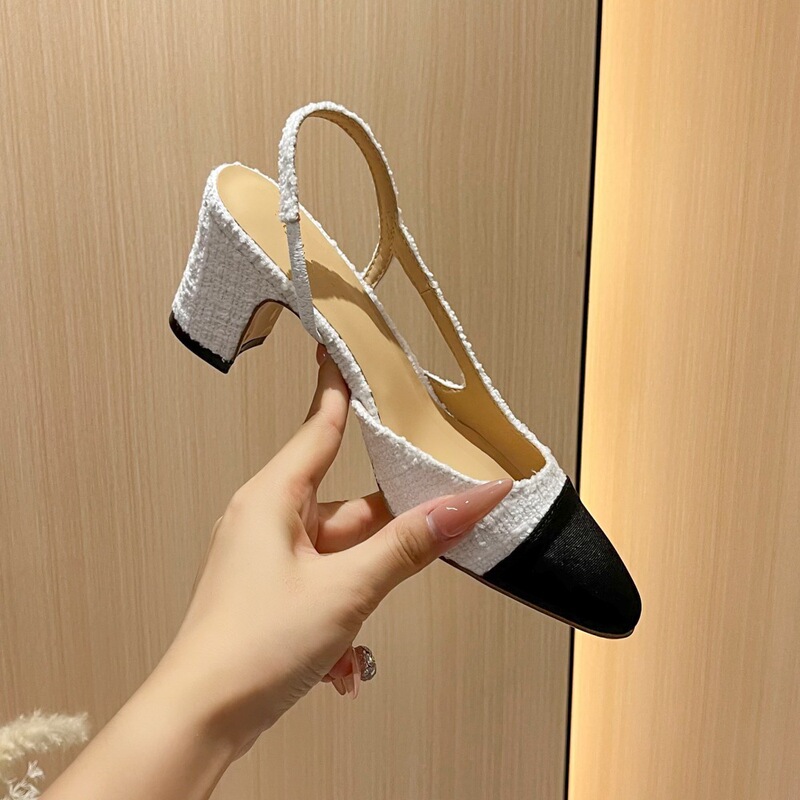 High-Top White Chanel-Style Peep-Toe Sandals for Women, Summer Mid-Heel Genuine Leather Backless Color-Block French Chunky High Heels