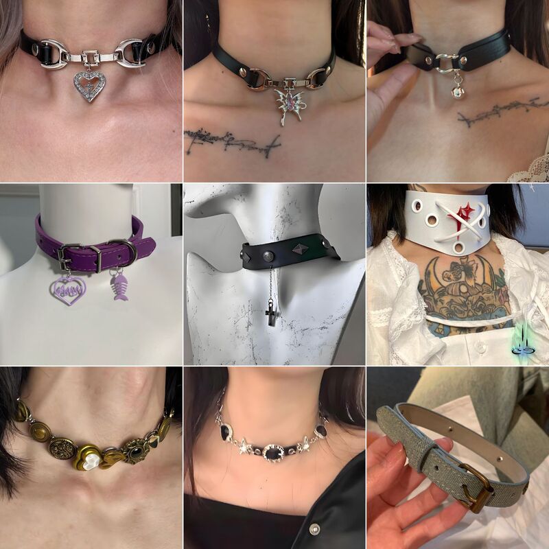 Y2K Sexy Leather Choker Collar Female Heavy Industry Punk Design Collar High-End Necklace Export Jewelry