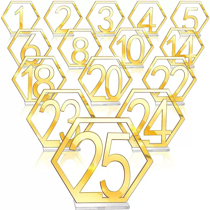 Acrylic mirrored wedding place card hexagonal hollow number 1-40 seat card for cafe wedding reception