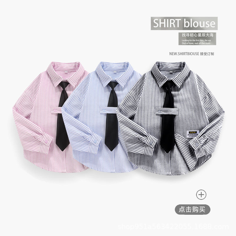 2026 New Spring and Autumn Long-Sleeved Shirt Boys' Shirt with Tie Style Girls' Top Blue Versatile Trendy Korean Style