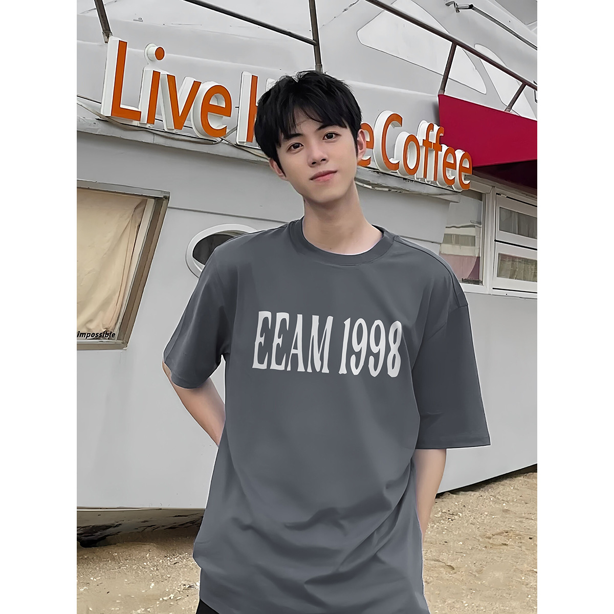 Summer men's round neck printed short sleeved T-shirt loose trendy letter casual youth minimalist base shirt_voghion.com
