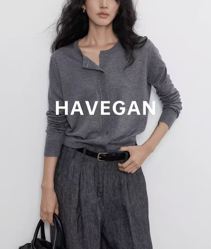 与间HAVEGAN/秋季圆领长袖针织开衫女薄款外穿宽松慵懒老钱风上衣|undefined