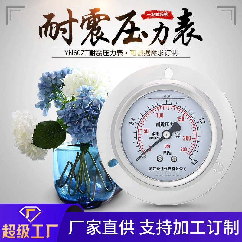 Манометр YN60ZT с масляным заполнением, ударопрочный, с фланцевым креплением, задний, с резьбой M14*1.5, осевой, ударопрочный, с креплением по краю