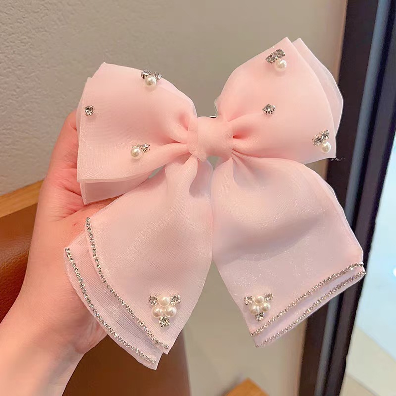 핑크 메쉬 다이아몬드 활 머리핀