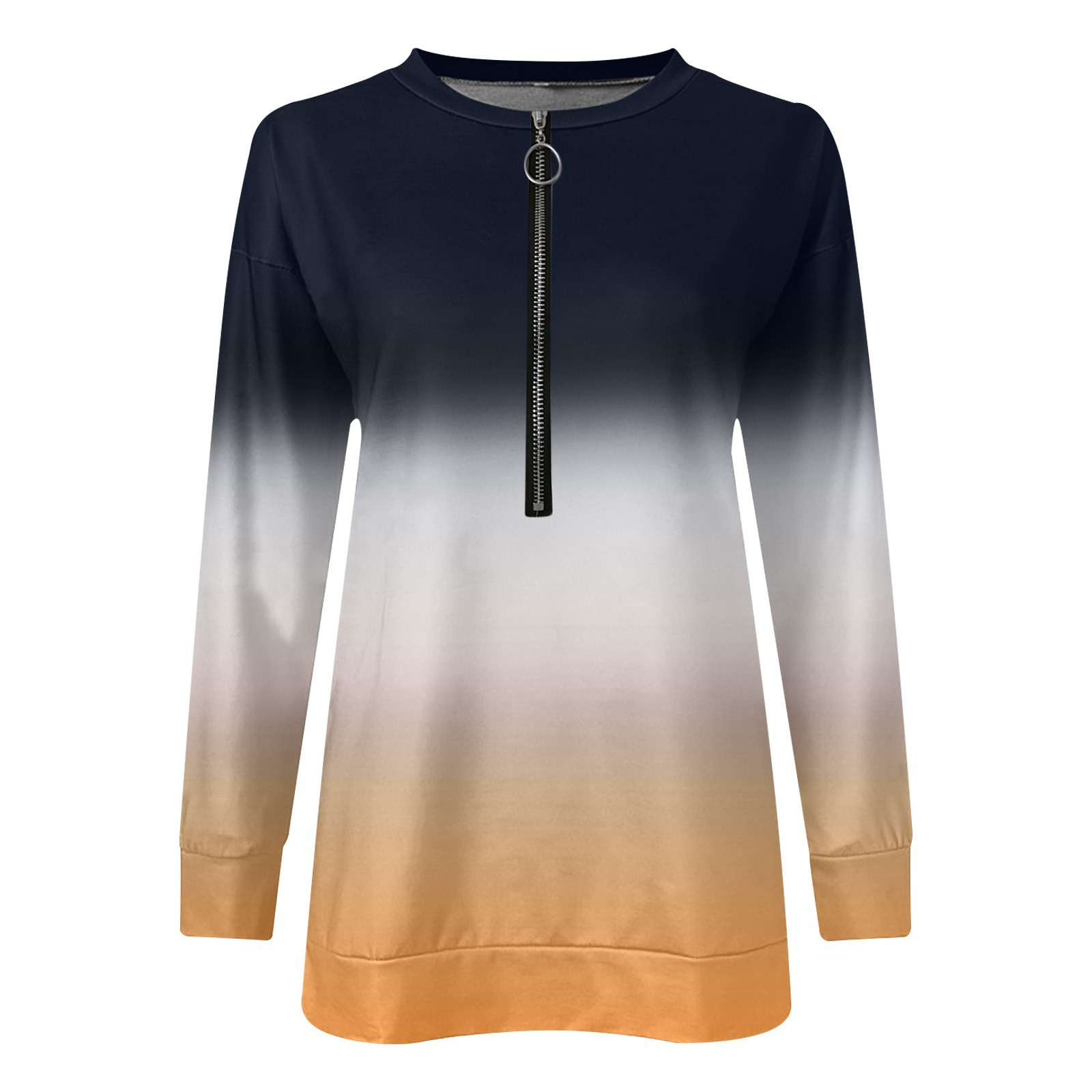 Women's Gradient Round Neck Long Sleeve Sweatshirt With Zipper_voghion.com