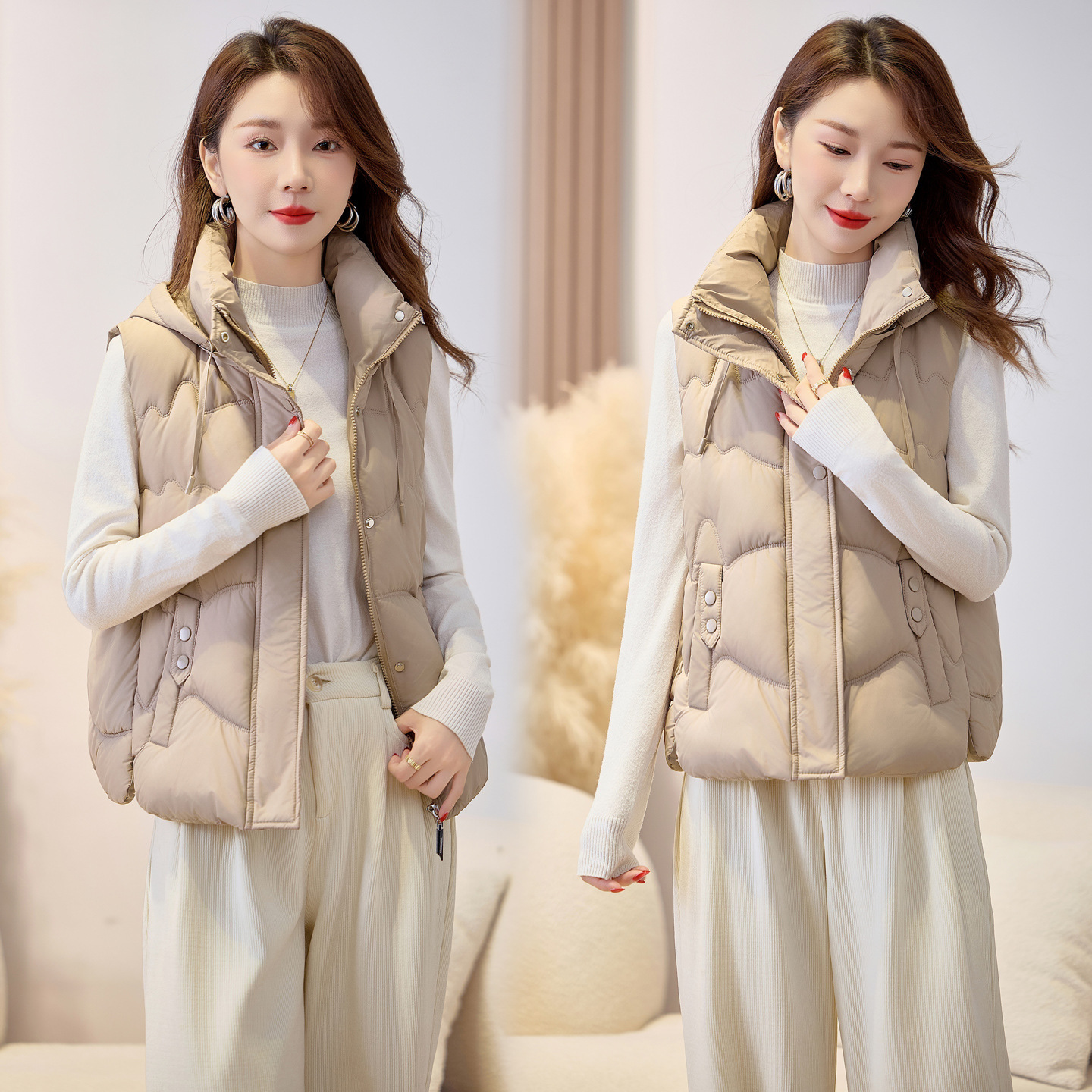 2025 otoño y invierno corto estilo coreano de moda nicho de diseño relajado sensación de collar grueso chaleco cálido abrigo de algodón image 4