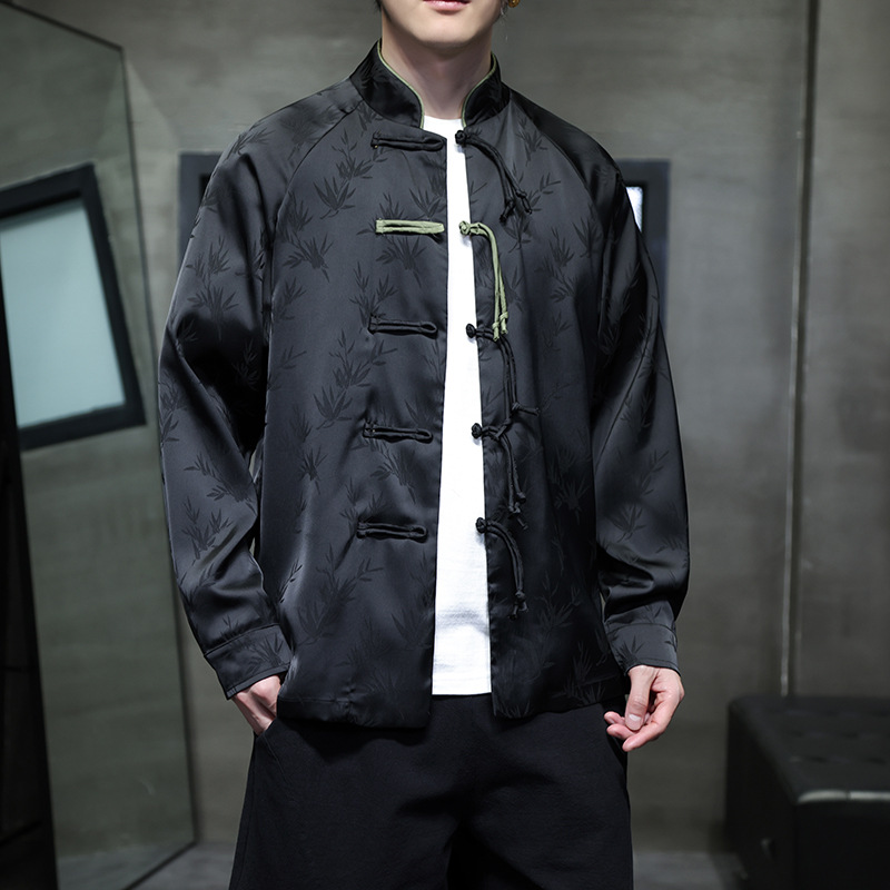 Black Hole Scenery Spring/Summer New Product Chinese Style Bamboo Leaf Silk Jacquard Long sleeved Shirt Button Standing_vogarts.com