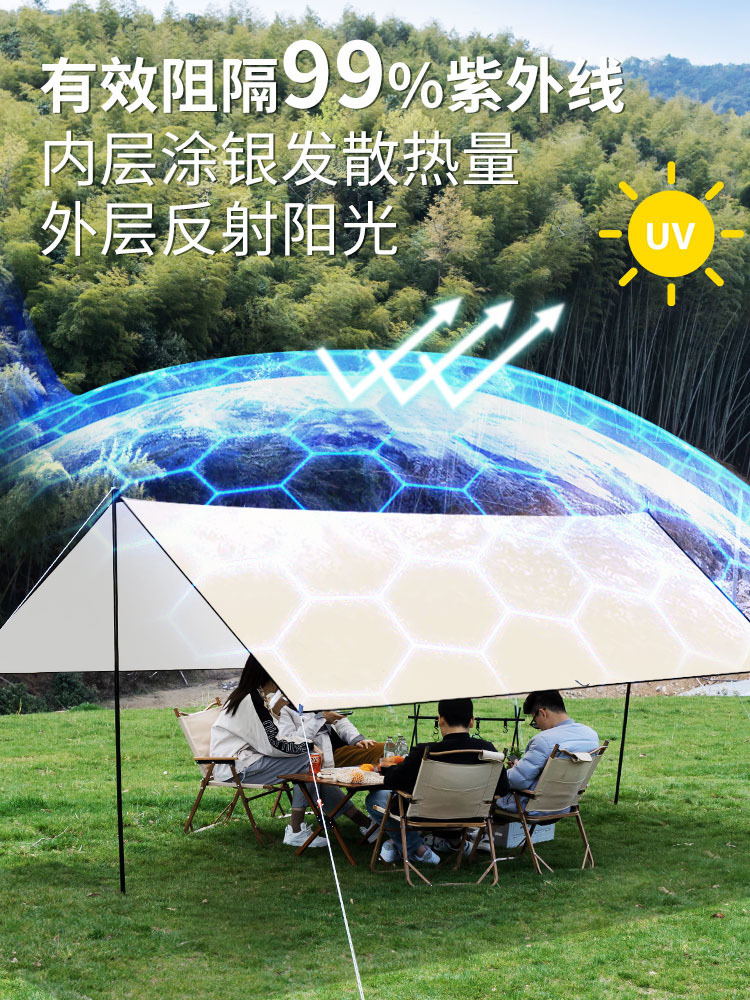 Toldo de protección solar para exteriores, protección UV reforzada, lona plateada para refugio contra la lluvia para acampar, venta al por mayor para acampadas de varias personas