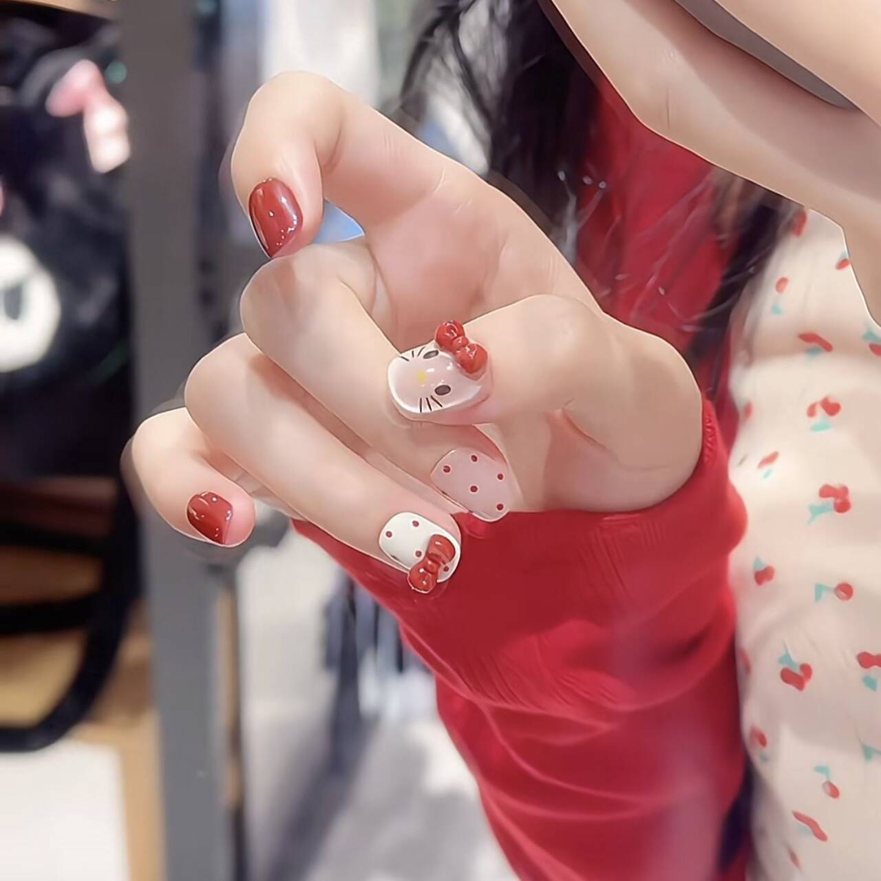 10 piezas de ojo de gato prefabricado desgaste de uñas punto de onda rojo blanqueamiento lindo manicuras cortas fabricantes al por mayor