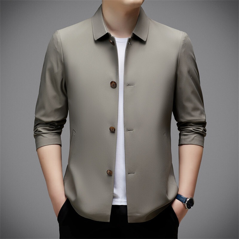 Brand new autumn jacket for middle-aged and elderly men, with a turn-down collar, solid color, slim fit, business casual, high-end dad-style coat