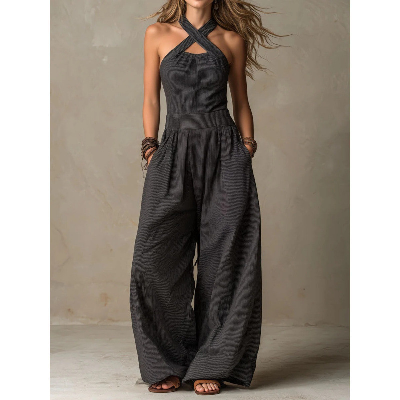 Dark Gray Fine Striped Cross-Halter Jumpsuit with Belt, Pockets, Loose Drape, Wide-Leg Casual Long Jumpsuit