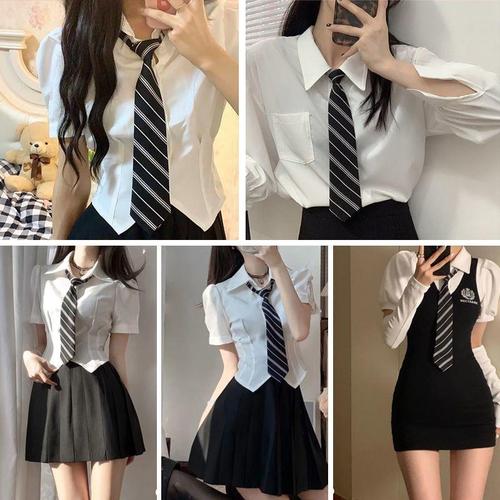 Black and White Striped No-Tie School Necktie for JK Students, College Style Shirt, School-Provided Tie Accessory with Bow Tie