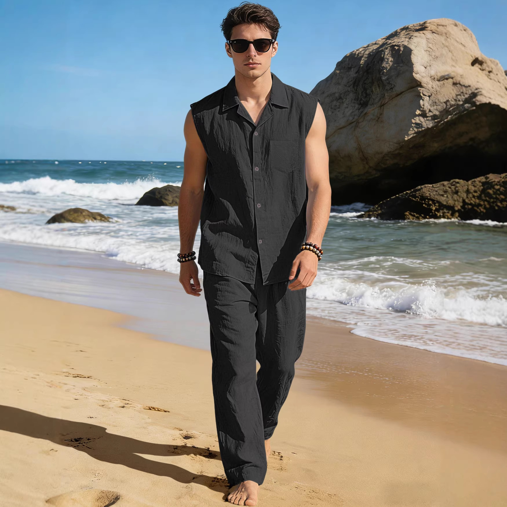 Europa y América transfronterizos de verano hombre camisa delgada sin mangas con solapa deportiva casual lino camisa de color sólido pantalón conjunto