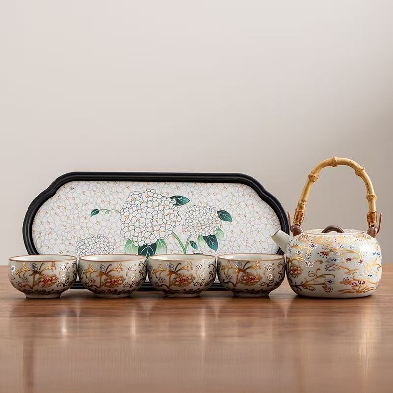 汝窑繁花似锦泡茶壶茶杯套组中式高档防烫提梁壶家用功夫茶具套装