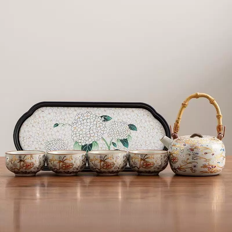 汝窑繁花似锦泡茶壶茶杯套组中式高档防烫提梁壶家用功夫茶具套装