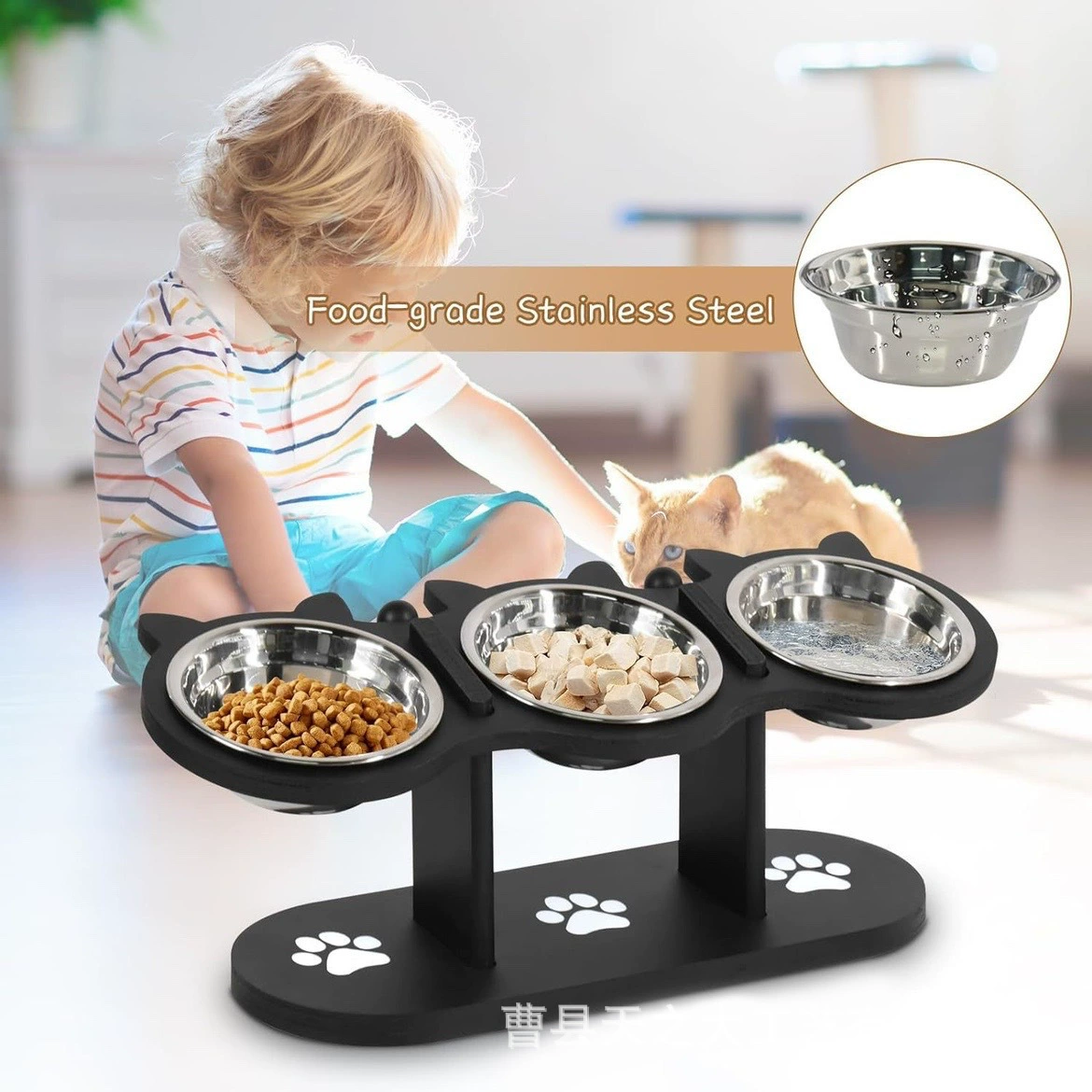 Трансграничная деревянная подставка для домашних животных Вертикальная регулируемая подставка для питья кошек Три чаши для кормления кормушки для домашних животных