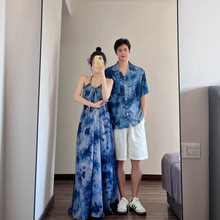 情侣装夏季夏季法式设计感蓝色扎染吊带连衣裙度假风海边沙滩裙潮