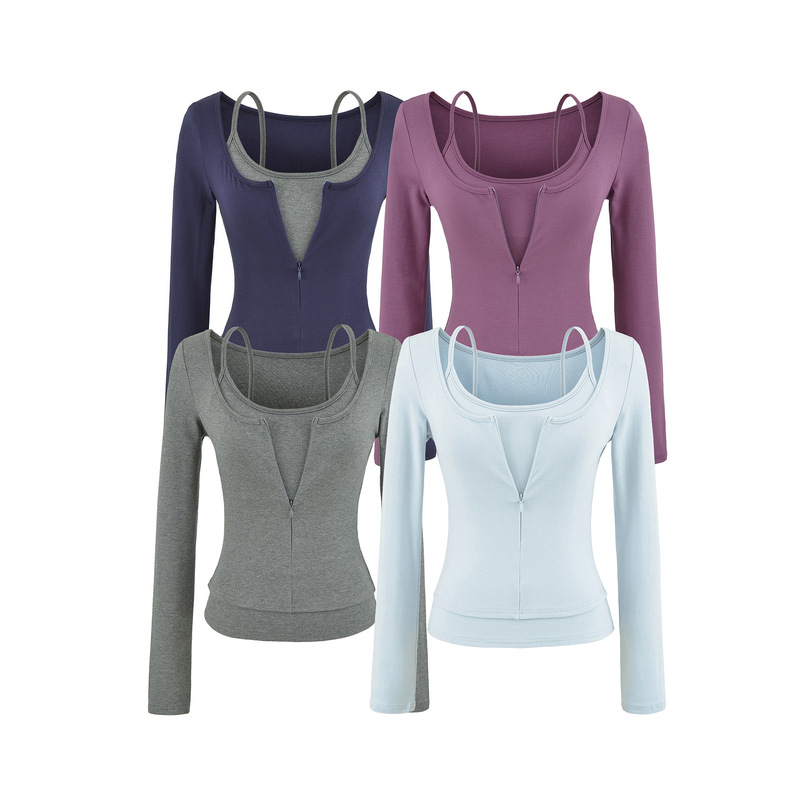 2026 early autumn women's two-piece set: a fitted camisole with built-in chest pads and a U-neck zippered long-sleeve cardigan T-shirt