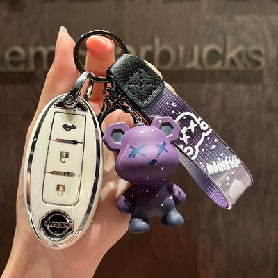 Car key bag — Unisex - nissan-c-smart-3-key-single-shell-white-purple-bear-pendant