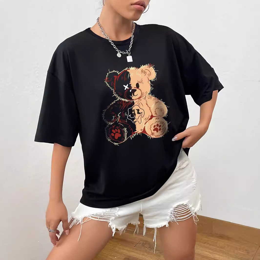 Casual dames T-shirt met korte mouwen, verlaagde schouders en letterprint. Stijlvol en veelzijdig topje._voghion.com