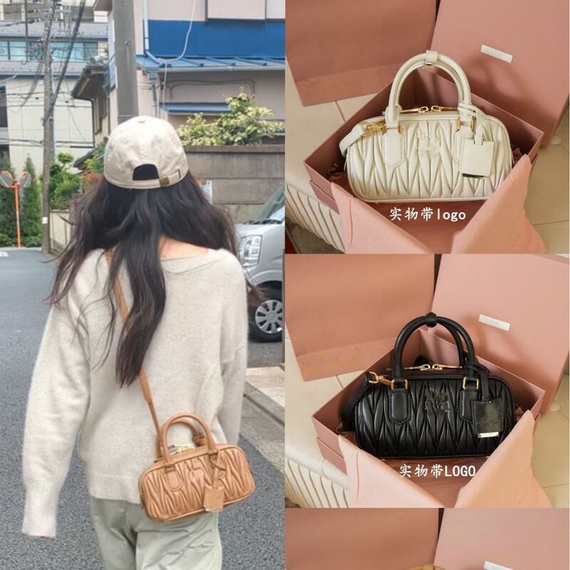 Original Miu Women's Bag Arcadie Goatskin Pleated Bowling Small Square Bag Boston Satchel Shoulder Crossbody Bag