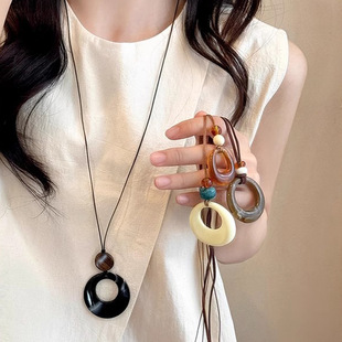 Ring Pendant Black Rope Long Necklace Women's Simple All-match High-end Sweater Chain Autumn and Winter Niche Sweater Chain Accessories