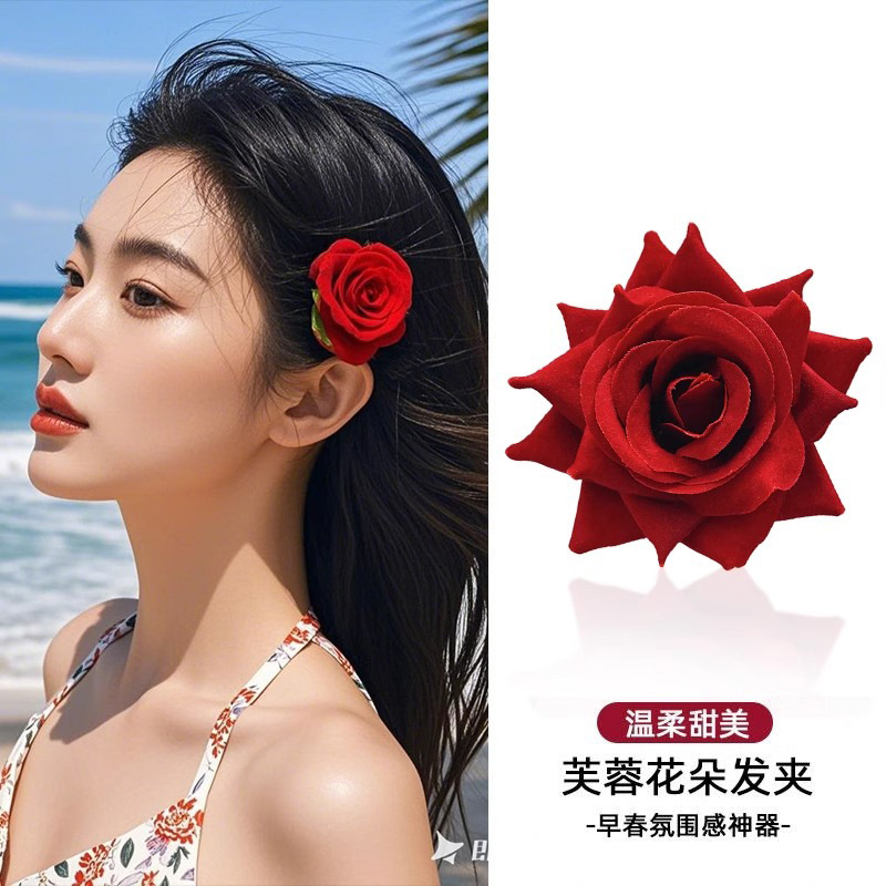 Rose oreja clip para el cabello para mujeres 2025 nuevo clip de boca de pato de alta gama flores vacaciones en la playa de la ventana toque de cabeza