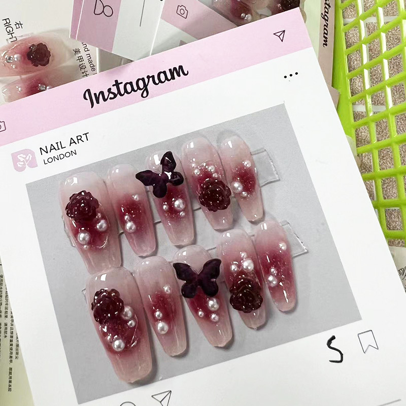 Kaiman nuevo hecho a mano de fototerapia desgaste de uñas chica caliente vino rojo Camelia mariposa desgaste uñas especial pieza de uñas al por mayor