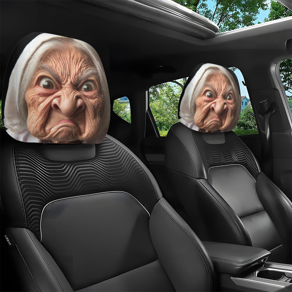 Car headrest cover with a fun old lady face personalized print, universal car pillowcase, can be customized with labels and made according to provided images