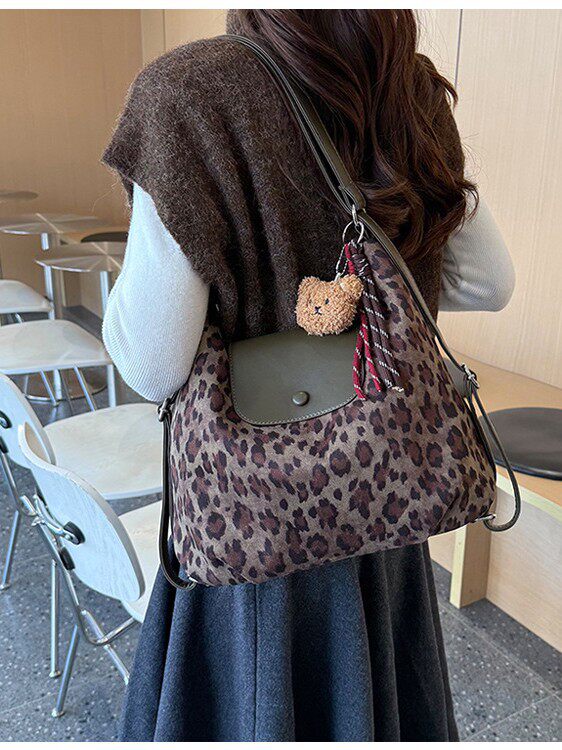 Túi xách nữ đeo vai cỡ lớn , túi xách tay đi làm chất liệu nhung nhung mềm — Bông tuyết nâu Leopard, Quân xanh da báo điện màu, Quân đội xanh, màu cà phê