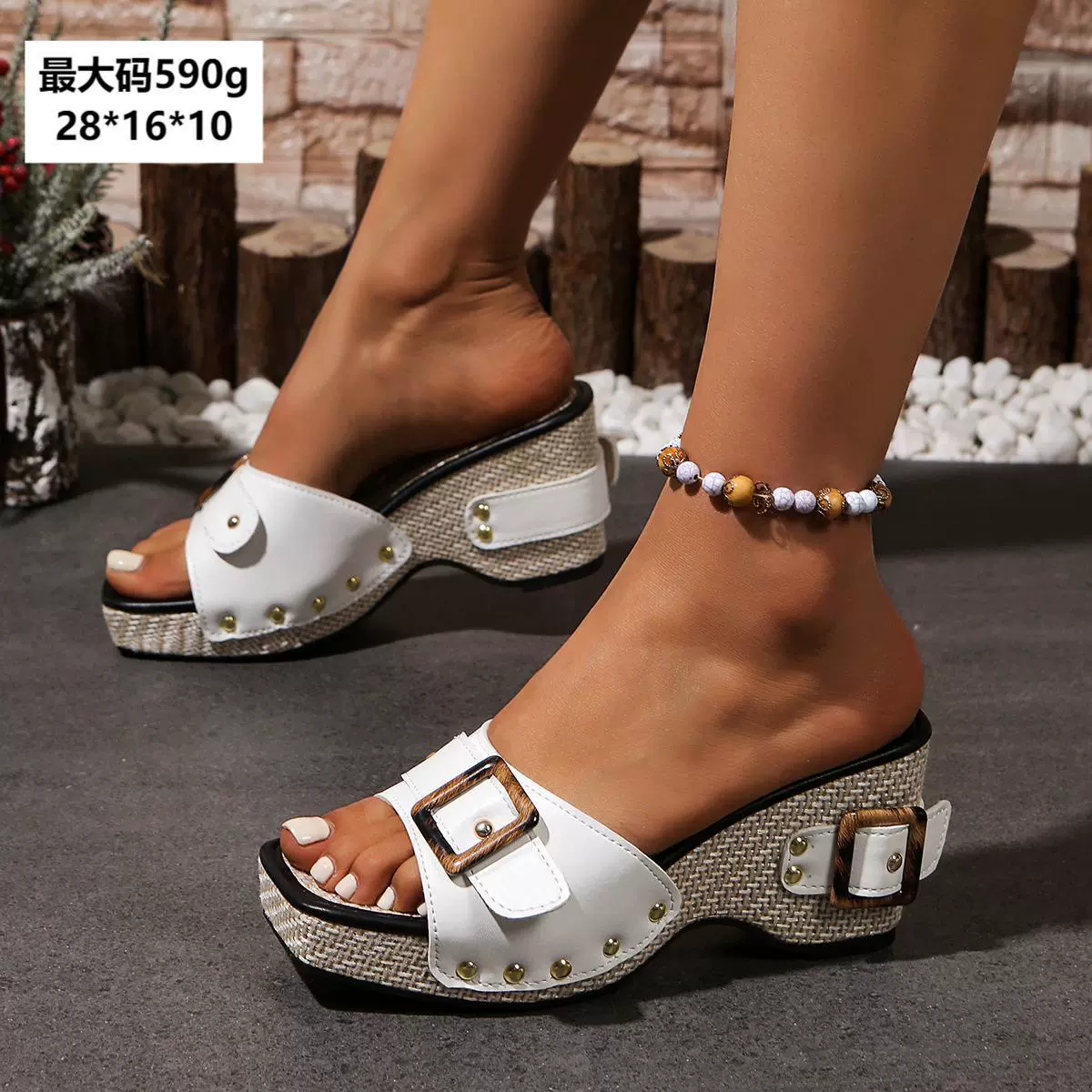 2025 Трансграничная внешняя торговля большой размер женский летний новый толстый каблок с металлической пряжкой тапочки