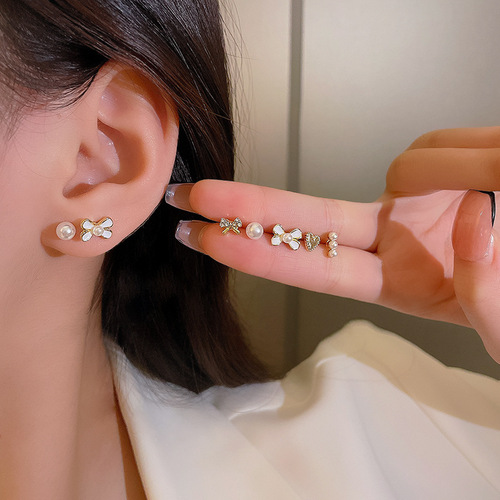 S925 Silver Needle Small Fresh Simple Pearl Set Earrings Ins Trendy Versatile Temperament Student Bow Earrings Women