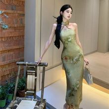 2093 新中式修身包臀裙新款复古国风手工串珠改良古典印花连衣裙