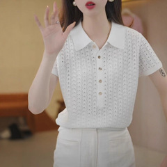 冰凉~透气(小美推荐)提花翻领宽松针织短袖上衣女1569213