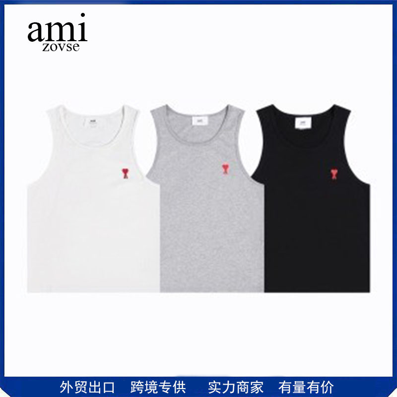 Ami&Zovse Correct Version Small Heart White Embroidered Round Neck Sleeveless T-Shirt Sports Elastic Vest Men's Base Shirt