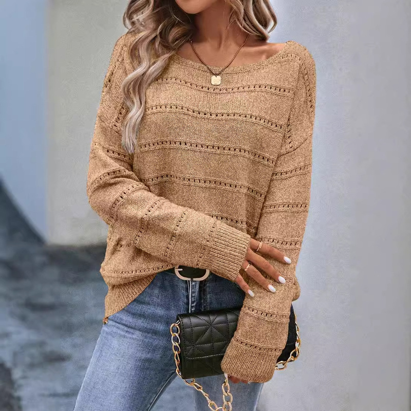 Shiying Cross-Border Women's Casual Style Cut Out Knitted Sweater Autumn and Winter Hot Sale New Long-Sleeved Round Neck Women's Pullover Shiying Cross-Border Women's Casual Style Cut Out Knitted Sweater Autumn and Winter Hot Sale New Long-Sleeved Round Neck Women's Pullover